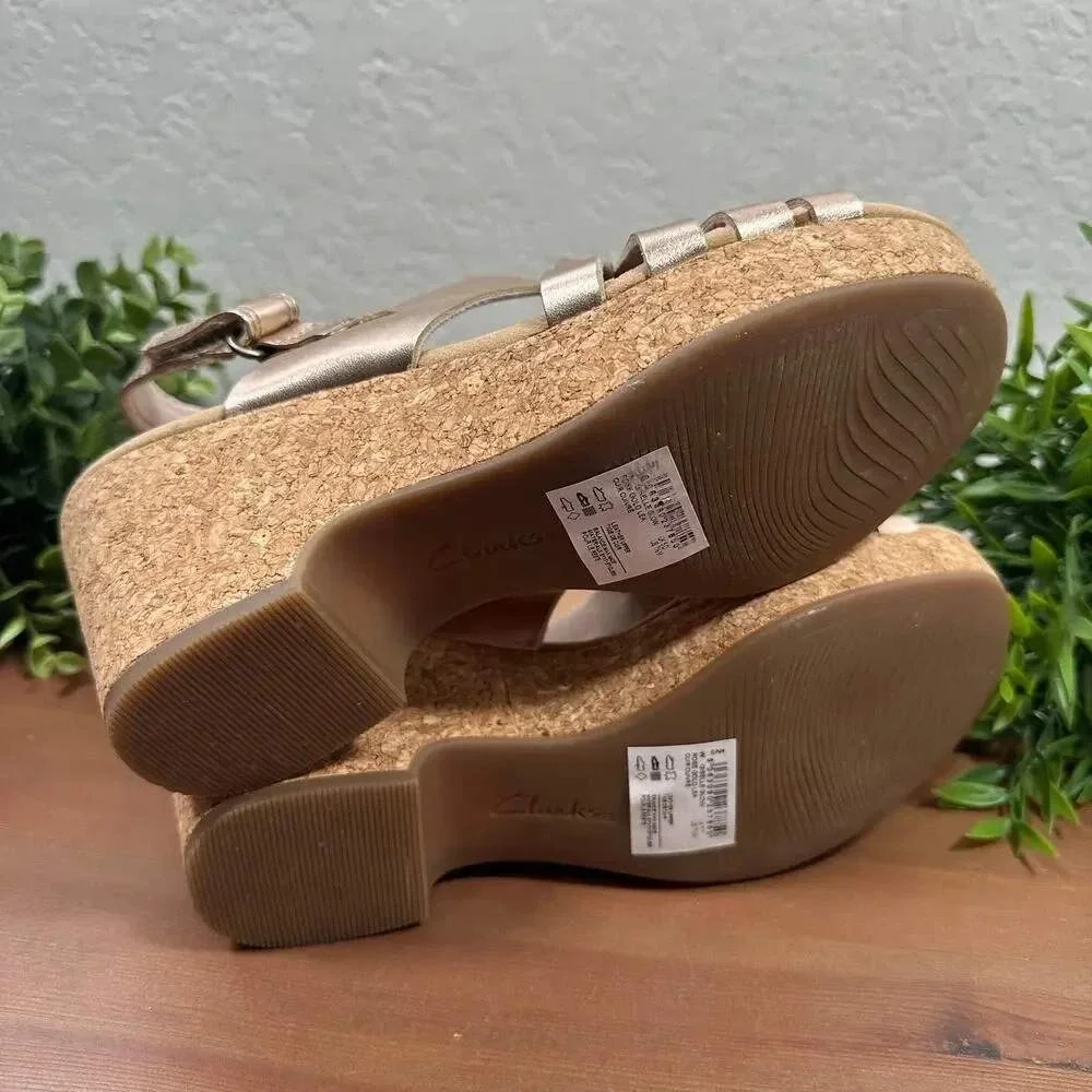 Clarks Giselle Glow Woven Leather Strappy Cork Wedge Sandals Rose Gold Size 8